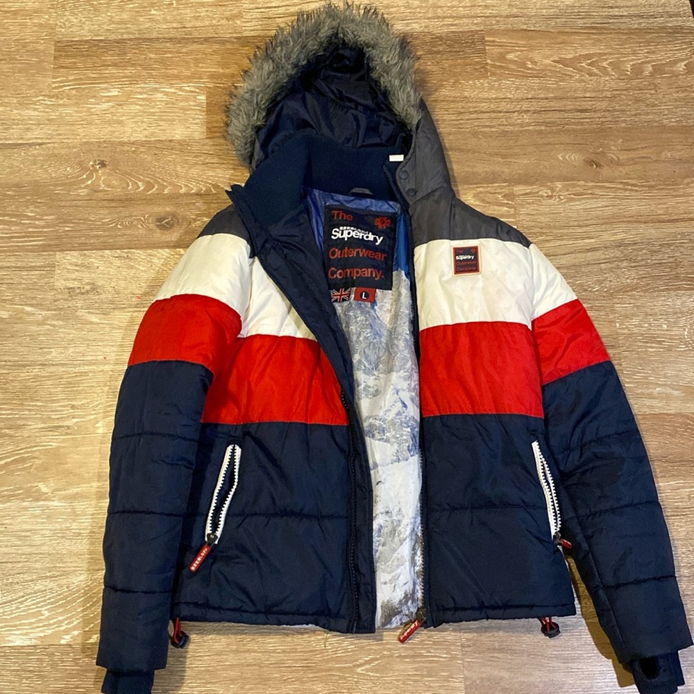 Superdry Hooded Puffer Jacket Colorblock Red White Blue Mountain Print L